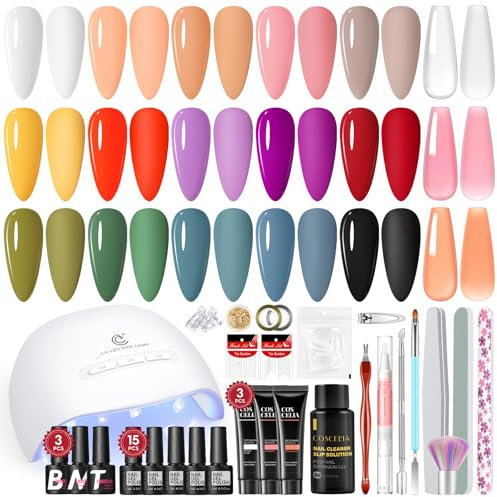 COSCELIA 40Pcs Kit Uñas Semipermanentes con U V/LED Lámpara, 15 Colores kit de uñas semipermanentes Base Coat y 2 Top Coat 3 Colores poly nail gel, Decoraciones y Herramientas para Uñas