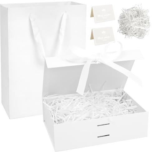 Realjoy Cajas de Regalo Magnéticas con Tapas, 23 x 17 x 7cm Caja de Regalo con Lazo,Tarjeta de Felicitación y Rafia, Cajas para Regalos,Cumpleaños,Bodas,Día de San Valentín,Navidad（Blanco）