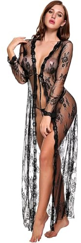 VicSec Femme Sexy Dentelle Lingerie Nuisette Transparent Kimono Robe Manches Longues Peignoir Transparent Robe de Chambre en Dentelle Cardigan en Dentelle Bikini Débardeur Femme Chemise de Nuit