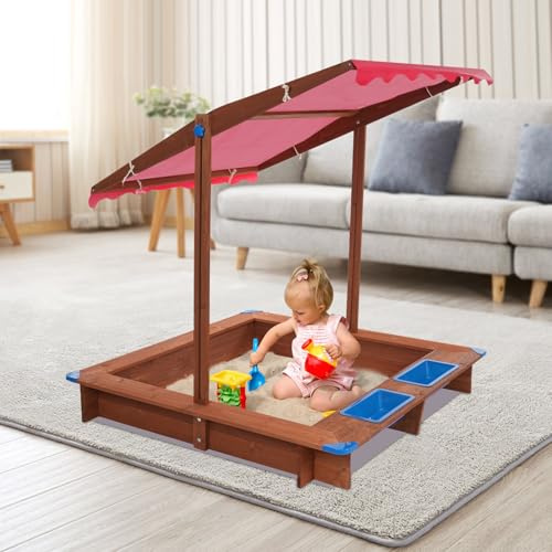 Júnior Sandkasten con techo, caja de arena de madera maciza, para niños de 3 a 14 años de edad, caja de arena para exteriores (rojo)