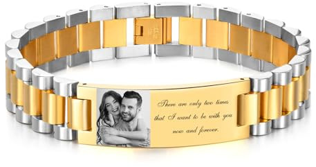 Gamtic Bracelet Homme Personnalisé Photo Gravure, Gravé Prenom/Texte/Photo, Bracelet Réglable Maillons Acier Inoxydable Cadeau Personnalisé pour Homme Papa Mari Petit-Ami (Argent-Or)