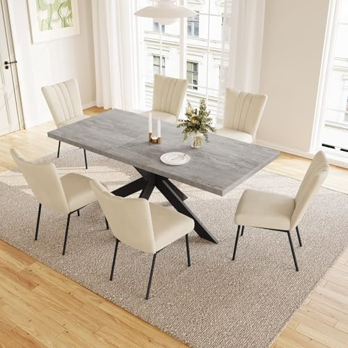 JIEXI Set med utdragbart matbord och stolar, modernt matbord med förlängning på 4–6-sits, MDF-platta lämplig för vardagsrum, kök (130–170 cm bord + 6 beige stolar – B)