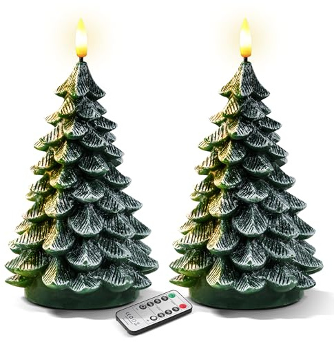 Sttokilly 2Pcs Christmas Tree Flameless Candles with Remote and Timer,LED Candles Battery Operated,Real Wax Window Candlesticks with Flickering 3D Flame for Christmas Decoration