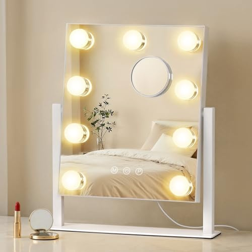 SONGMICS Specchio da Trucco con Luci, Controllo Touch, 9 LED Dimmerabili, 3 Temperature Colore, 25 x 30 cm, Bianco Opaco LWM005WC02
