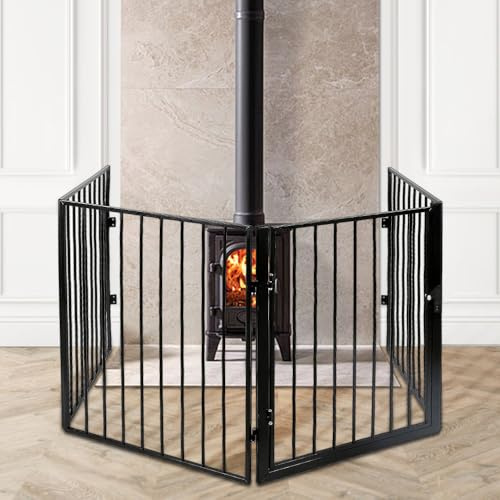 Kids Barrière de Sécurité Extensible Cheminée Grille de Protection,clôture pour Animaux de Compagnie réglable et Mobile,Clôture de sécurité Noire en 4 pièces 240 * 2.5 * 75cm