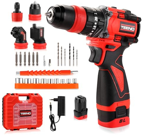 TEENO Professional 18V Trapano-avvitatore a Batteria Bürstenloses, 4 in 1 Multifunzione Kit Trapano Avvitatore Senza Spazzole, 20+3 Impostazioni, 45 Nm, 2 Velocità, 4 Portapunte, 2 Batterie, LED