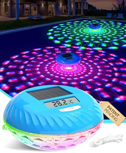 LuxBlue 2 in 1 Termometro Piscina Galleggiante e Luci Piscina, Termometro Piscina Solare con Spettacolo di Luce Subacquee, IP68 Impermeabile Termometri Piscinas Digitale Facile da Leggere,Ultrapreciso
