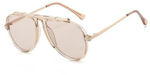 LJCZKA Occhiali da Sole Oversize Pilota per Donna Uomo Anni '70 Grandi Pilot Occhiali da Sole Montatura Metallo Retro Moda Protección UV400 (Chiaro Marrone Chiaro Marrone)
