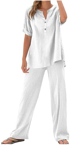 Conjunto Mujer Verano 2 Piezas Moda Algodon y Lino Traje de Ligero Chándal Blusa Botones Pantalones Pierna Ancha Ropa Descanso Conjunto Respirable Traje Playa Chándales para Salir Vacaciones Cómodo