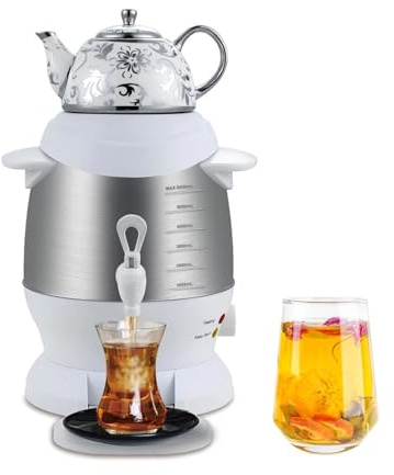 Turkisk temaskin, 1800 W rostfritt stål, Samovar i rostfritt stål, med 5 l tekanna och keramik 1, varmhållningsfunktion, anti-skållande handtag, för kaffe, svart parfym (vit)