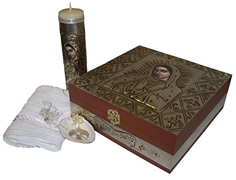 Premium Virgin of Guadalupe Baptism Kit - Includes Candle, Towel, Shell, Rosary - Catholic Christening Kit