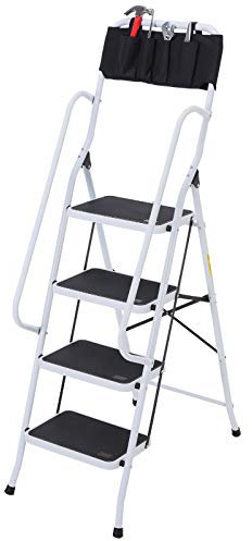 HOMCOM Escabeau Pliable 4 marches XL antidérapantes Double Garde Corps Hauteur Max. 1,55 m Charge Max. 150 Kg Pochette Outils intégrée Acier Blanc Noir