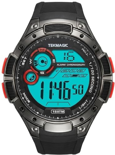 TEKMAGIC Digitalt sportarmbandsur 10 ATM 100 meter vattentätt lämplig för simning och dykning med väckarklocka, stoppur, timer, kalender, dubbla tidsfunktioner, svart