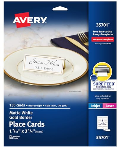 Avery Printable Place Cards with Sure Feed Technology, 1-7/16 x 3-3/4, White with Gold Border, 150 Blank Tent Cards for Laser or Inkjet Printers (35701)