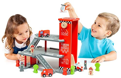 Jouet Parking en Bois Molto avec héliport, Station-Service, Ascenseur pour Voitures, Rampe d'accès aux différents Niveaux et véhicules avec de Vraies Roues.