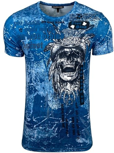 Camiseta Subliminal Mode para Hombre Cuello Redondo Mangas Cortas - Estampado Calavera - Corte Clásico - Estilo Biker de Tendencia BX105, azul, XL
