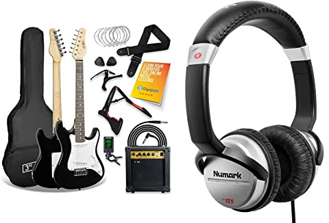 3rd Avenue XF 3/4 Size Electric Guitar Ultimate Kit with 10W Amp – Black & Numark HF125 - Ultra-Portable Professional DJ Headphones with 6 ft Cable, 40 mm Drivers