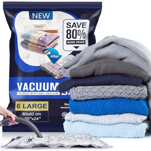 Vakuumbeutel für Bettdecken 6 Stück 80x60cm Vacuum Bags Wiederverwendbar Vakuum Aufbewahrungsbeutel Vakumiererbeutel für Kleidung Heeignet für Alle Handelsüblichen Staubsauger