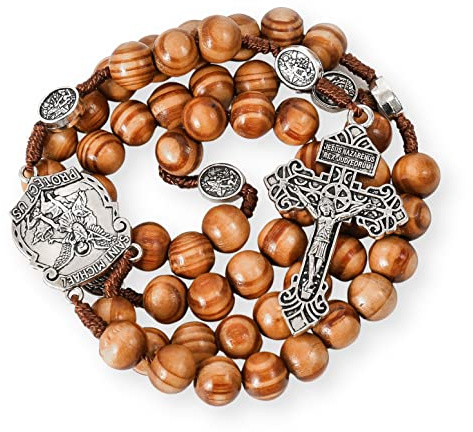 Brazalete de cuentas de madera de San Miguel sagrado, rosario de madera sólida con medalla de la Santa Cruz y crucifijo de perdón plateado