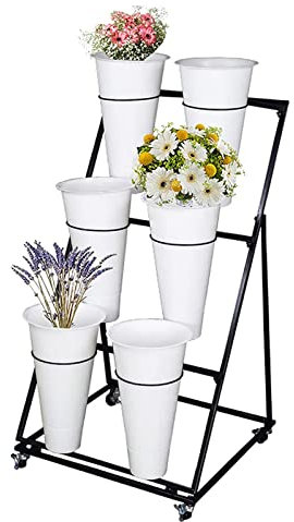 Kamnik Présentoir à fleurs en fer à 3 niveaux avec 4 roues, étagère d'angle pour plantes avec 6 seaux de fleurs, support pour plantes d'extérieur, idéal pour fleuriste, intérieur, extérieur