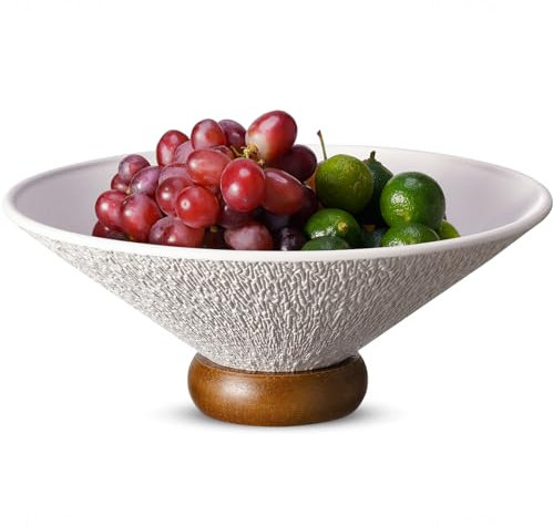 NiHome Ceramic Fruit Bowl, Fruit Bowl for Kitchen Counter, Decorative Bowls for Home Decor, Pedestal Bowl with Wooden Base (White)