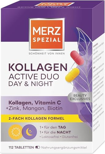 Merz Spezial Kollagen Active Duo Day & Night – Beauty Komplex Tabletten mit Kollagen, Vitamin C, Zink, Mangan + Biotin – Nahrungsergänzungsmittel mit 2-fach Formel – 1 x 112 Tabletten