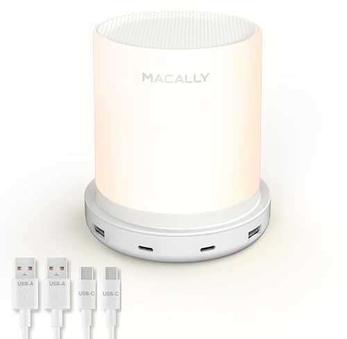 Macally Small Bedside Lamp with USB Ports (USB C + A) - Fast Charging Bedside Light and 3 Way Dimmable Touch Lamp for Nightstands - Great as a Night Light and Charger for Bedrooms