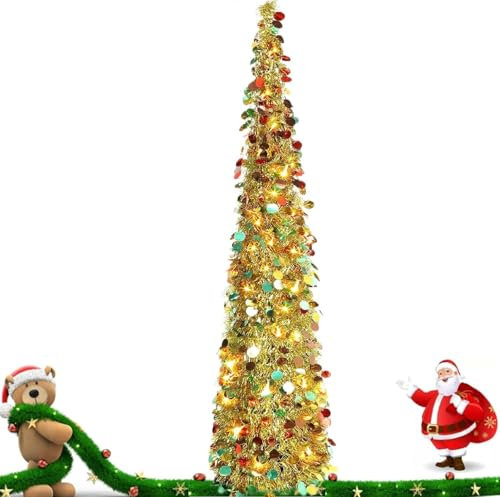 150cm Pop Up Weihnachtsbaum mit 5m LED Licht Künstlicher Weihnachtsbaum Weihnachtsdeko Faltbarer Weihnachtsbäume Vorbeleuchtete Weihnachtsdekoration Pailletten Weihnachtsbäum mit Ständer (Gold)