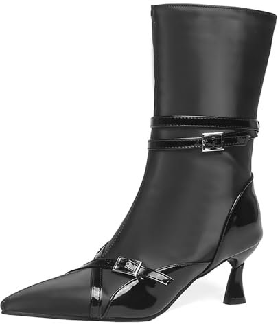 HSyc JRX Mujer Tacón pequeño Botines con Hebilla Tacón Kitten Heel Botines Invierno, Negro , 40 EU