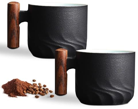 Espressotassen 2er Set (2 x 70 ml) Espressotassen Steingut Kaffeetasse Kaffeebecher aus Keramik Espresso Tassen mit Henkel, Mini Teetasse, Kaffeetasse für Espresso,Tee (2er Set - Schwarz)
