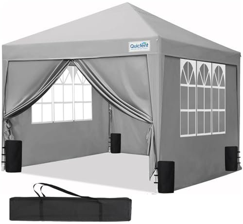 Quictent Pavillon 3x3 Faltpavillon mit 4 Seitenteilen, Wasserdicht Gartenpavillon mit 4 Sandsäcken,Partyzelt Gartenzelt für Fest und Flohmarkt Grau