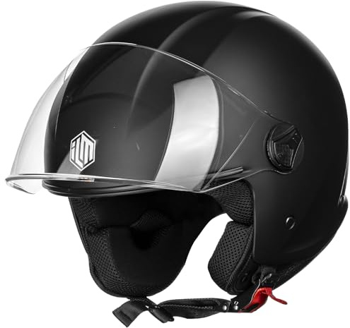 ILM Casco Moto Jet con Visiera Vintage Donna Uomo Scooter Omologato ECE,Modello WT506,Nero Opaco,L