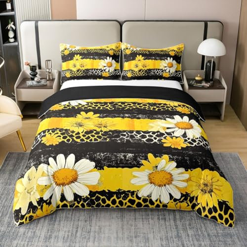 Vintage Sonnenblume 100% Baumwolle Bettbezug 220x240,Ölgemälde Sonnenblume Bettwäsche Set für Kinder Teens Erwachsene,Patchwork Groovy Blume Bettbezug,Leopard Bett Set mit 2 Kissenbezüge Microfiber