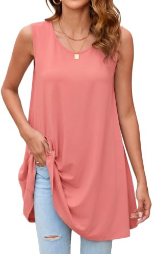 Enmain Pink Tank Tops for Women Ladies Sleeveless Tunic Tops Summer Long Vest for Leggings Plain Loose Casual Blouse Round Neck S