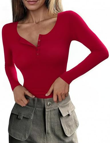 Totatuit Women's Long-Sleeved Shirt with Button-Front, Slim-fit top with Round Neck, Ribbed Knit, Figure-Hugging, Basic Casual Shirt for Fall & Winter Red L