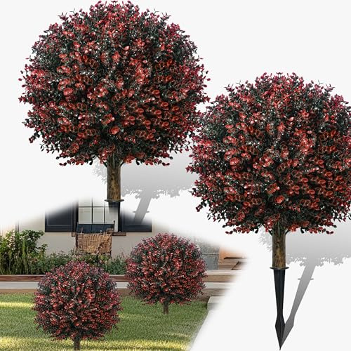 Artificial Boxwood Topiary Ball Tree with Stake, Set of 2 Spring Topiary Ball Outdoor Faux Shrub, 24 UV Resistant Fake Boxwood Plants for Potted Planter,Porch