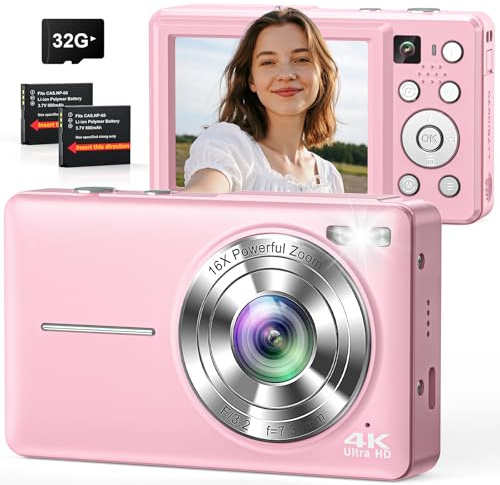 Appareil Photo numérique 4K 64MP, Double caméra avec autofocus, Flash, Zoom 16X, Anti-Shake, Carte mémoire 32 Go, caméra compacte pour vlogging pour Enfants, Adolescents, Adultes et débutants - Rose