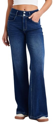 LaiEr Jeans à Jambe Large pour Femmes,avec Design de Devant à Boutons Doubles et Fermeture éclair,Coupe Ample,Pantalon en Denim à Haute élasticité adapté.Bleu Foncé Nostalgique,L