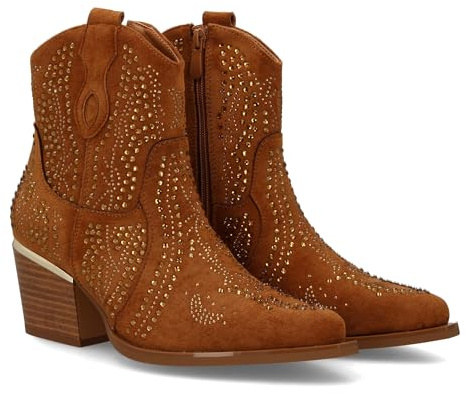 94654 Botin de Mujer con Estilo Vaquero, Detalles Brillantes y Cierre Comodo. Diseno de Tachuelas Brillantes, Tacon Cubano. Camel Talla 37