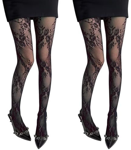 SIMYJOY Collant da Donna Modello 2 Paia di Collant a Rete Nero con Pizzo, Taglia Unica
