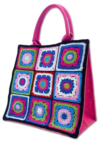 Generico Borsa in Juta Rosa con Ricamo ad Uncinetto cm L30 x H30 x P20