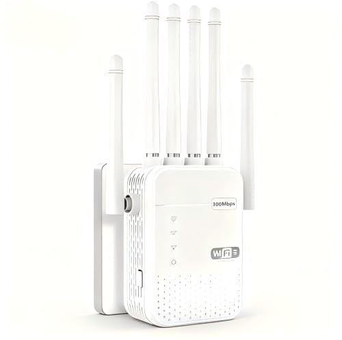 Repetidor WiFi 6 Extensor de Señal Doble Banda 300Mbps, Amplificador con 6 Antenas y 2 Puertos Ethernet, Instalación WPS para Hogar y Oficina, Enchufe UE Cobertura Sin Interrupciones