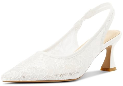 Aachcol Womens Lace Mesh Slingback Heels Closed Pointed Toe Wedding Pumps Kitten Heel Bridal Dress Shoes 2.5 Inches Heels White 8.5 M US