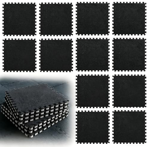 LUPATDY 12 Pièces Tapis Mousse, Dalles Mousse, Carreaux de Sol Emboîtables en Peluche, Dalle Chambre Enfant, Tapis Puzzle pour Salon et Chambre à Coucher, 30 x 30 cm - Noir