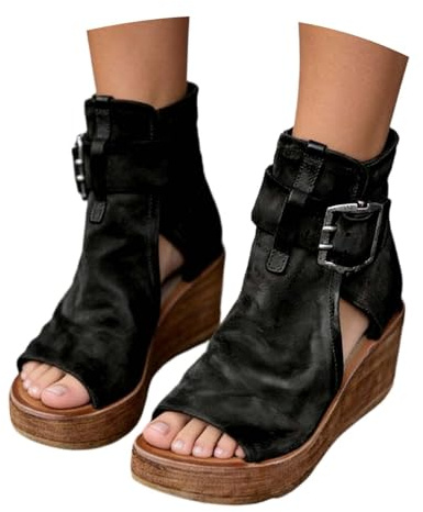 Sandales Romaines Compensées Femme Mules Été Sabots Enfiler Plateforme Plates Chaussures Bride Cheville Vintage Vacances Talon Plate-forme PU Cuir Boho Fermeture Éclair Latérale Plage