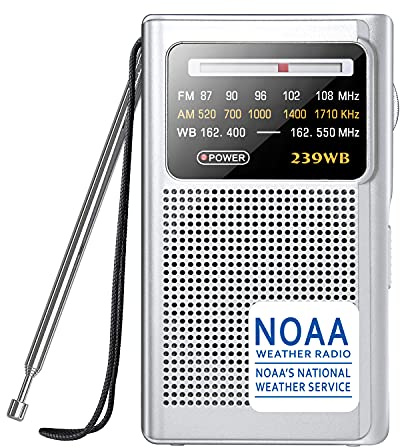 Greadio NOAA Weather Radio, AM/FM Battery Operated Transistor Portable Radio with Best Reception,Stereo Earphone Jack,Powered by 2 AA Battery for Emergency,Hurricane,Running, Walking,Home (Silver)