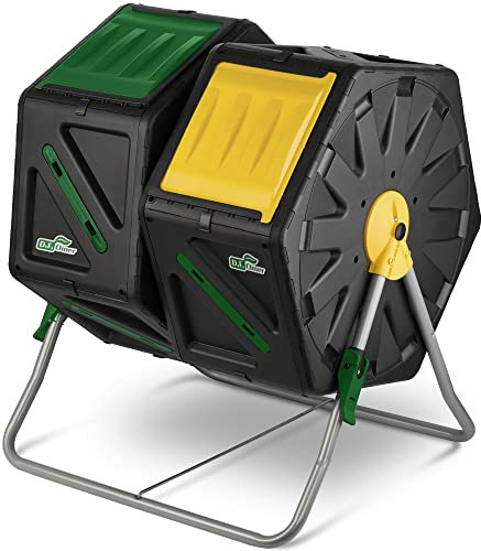 DF OMER Zweikammer-Trommelkomposter – Kleiner Komposter mit Easy-Turn-System, 2 Schiebetüren, Stabilem Stahlrahmen – All-Season, BPA-frei, UV-geschützt (70 L/18,5 gal)