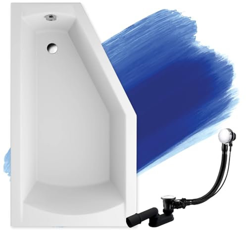 Baignoire d'angle Selena - En acrylique - Blanc - 150 x 90 cm - Avec pieds et bonde automatique exclusive - Fabriqué en UE - 3 en 1