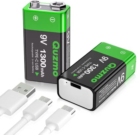 Pilas recargables de 9 V, 1300 mAh, batería de iones de litio de larga duración, carga rápida a través de USB-C, ideal para detectores de humo, detector de incendios, detector de alarma y detector de