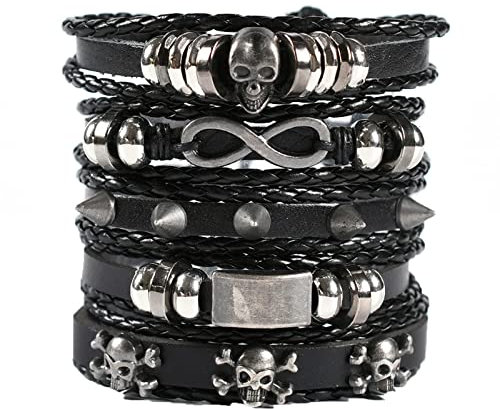 Tashce 5 Stück Schwarz Lederarmband Herren Geflochtenes Breites Armbänder, Punk Geflochtenes Armband für Männer Geflochtene Manschettenwickel Set, Rock Skull Gothic Deko Verstellba (Totenkopf)